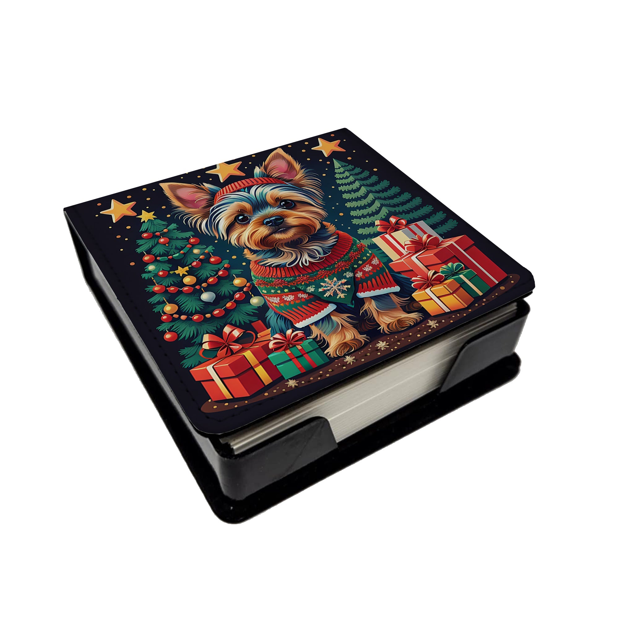 Yorkie Yorkshire Terrier Christmas PU Leather Note Paper Holder with Artist-Designed Cover, Desk Accessory, Office Gift