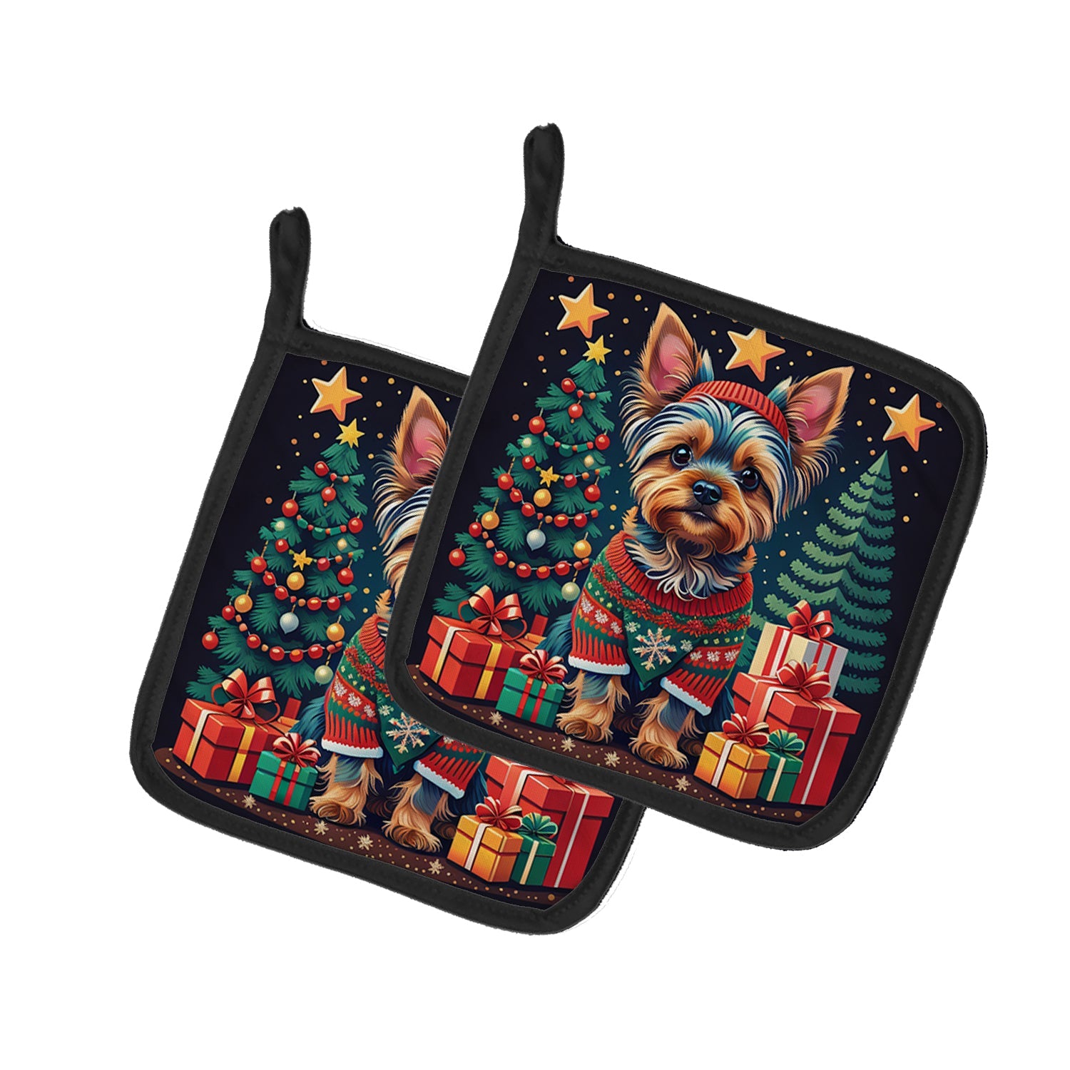 Yorkie Yorkshire Terrier Christmas Pot Holder Set of 2 Heat Resistant Quilted Hot Pads 7.5 x 7.5 Inch, Insulated Kitchen Trivets for Cooking & Baking