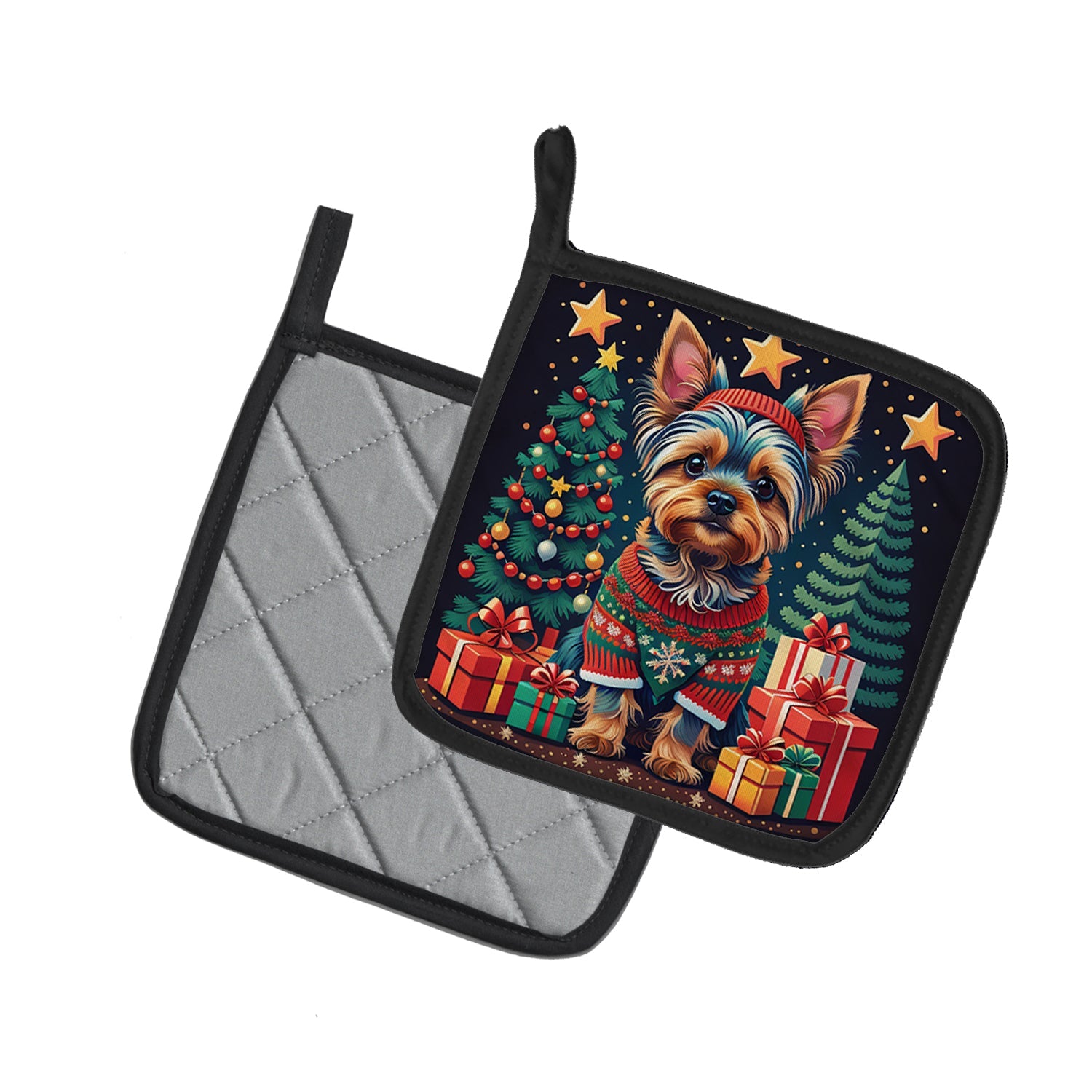 Yorkie Yorkshire Terrier Christmas Pot Holder Set of 2 Heat Resistant Quilted Hot Pads 7.5 x 7.5 Inch, Insulated Kitchen Trivets for Cooking & Baking