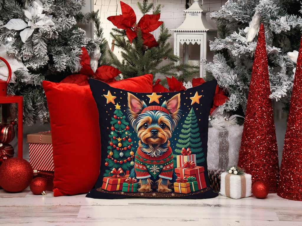 Yorkie Yorkshire Terrier Christmas Decorative Throw Pillow 14x14 Indoor Outdoor Accent Cushion, Fabric Cover with Insert for Sofa, Bed, Porch & Living Room