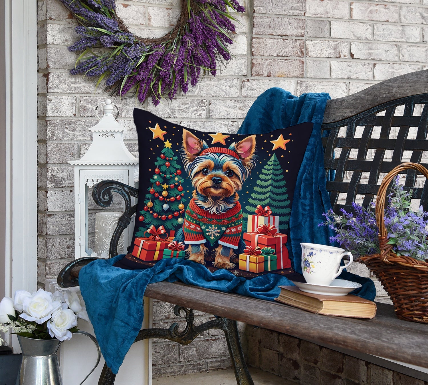 Yorkie Yorkshire Terrier Christmas Decorative Throw Pillow 18x18 Indoor Outdoor Accent Cushion, Fabric Cover with Insert for Sofa, Bed, Porch & Living Room