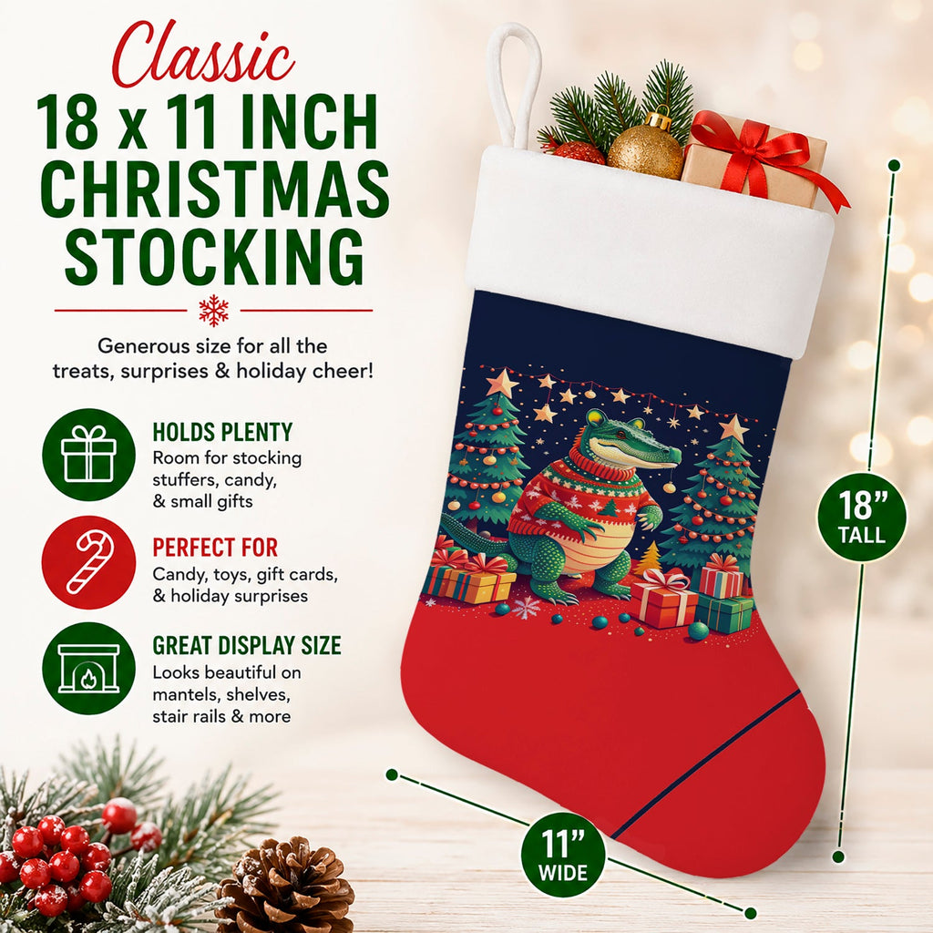 Alligator Christmas Holiday Stocking Double-Sided Print, Polyester Suede,11x18, Made in USA