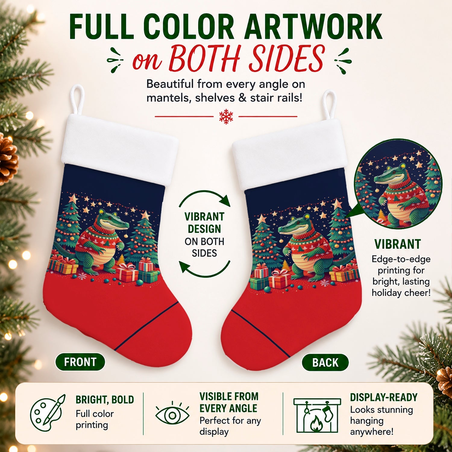 Alligator Christmas Holiday Stocking Double-Sided Print, Polyester Suede,11x18, Made in USA