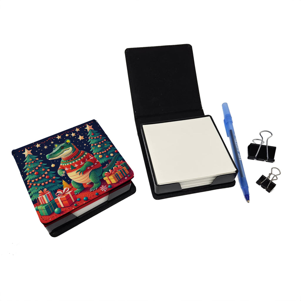 Alligator Christmas PU Leather Note Paper Holder with Artist-Designed Cover, Desk Accessory, Office Gift