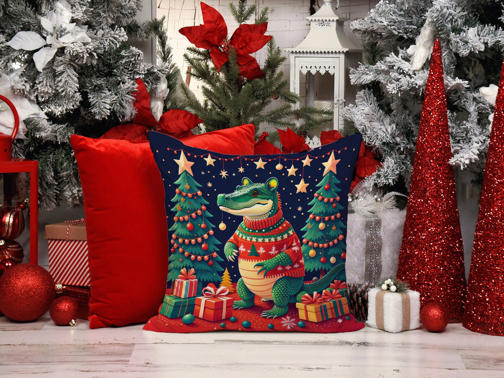 Alligator Christmas Decorative Throw Pillow 14x14 Indoor Outdoor Accent Cushion, Fabric Cover with Insert for Sofa, Bed, Porch & Living Room