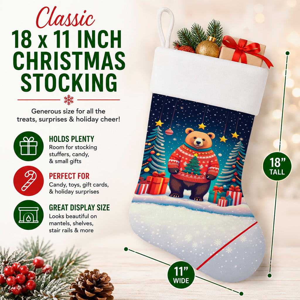 Bear Christmas Holiday Stocking Double-Sided Print, Polyester Suede,11x18, Made in USA