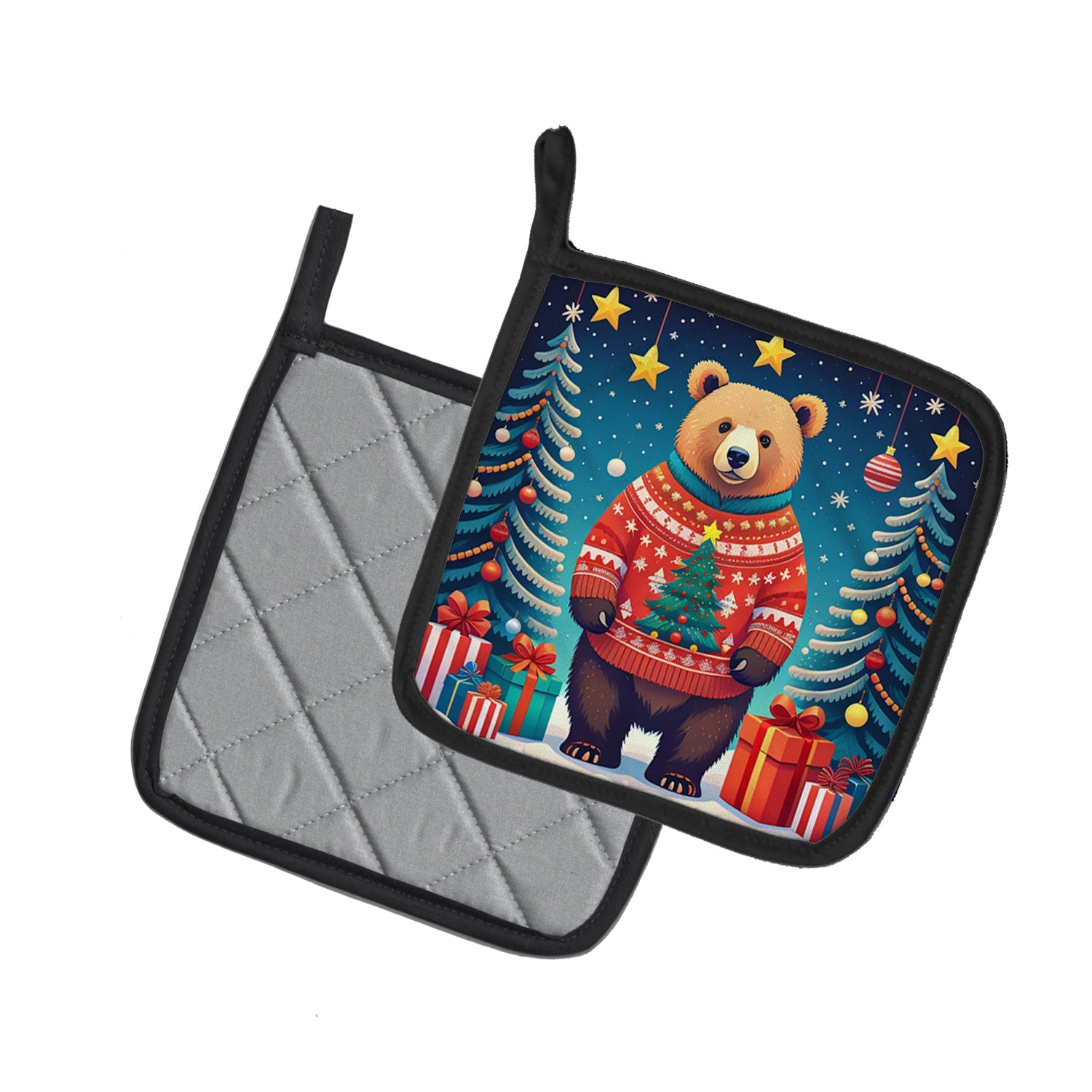 Bear Christmas Pot Holder Set of 2 Heat Resistant Quilted Hot Pads 7.5 x 7.5 Inch, Insulated Kitchen Trivets for Cooking & Baking