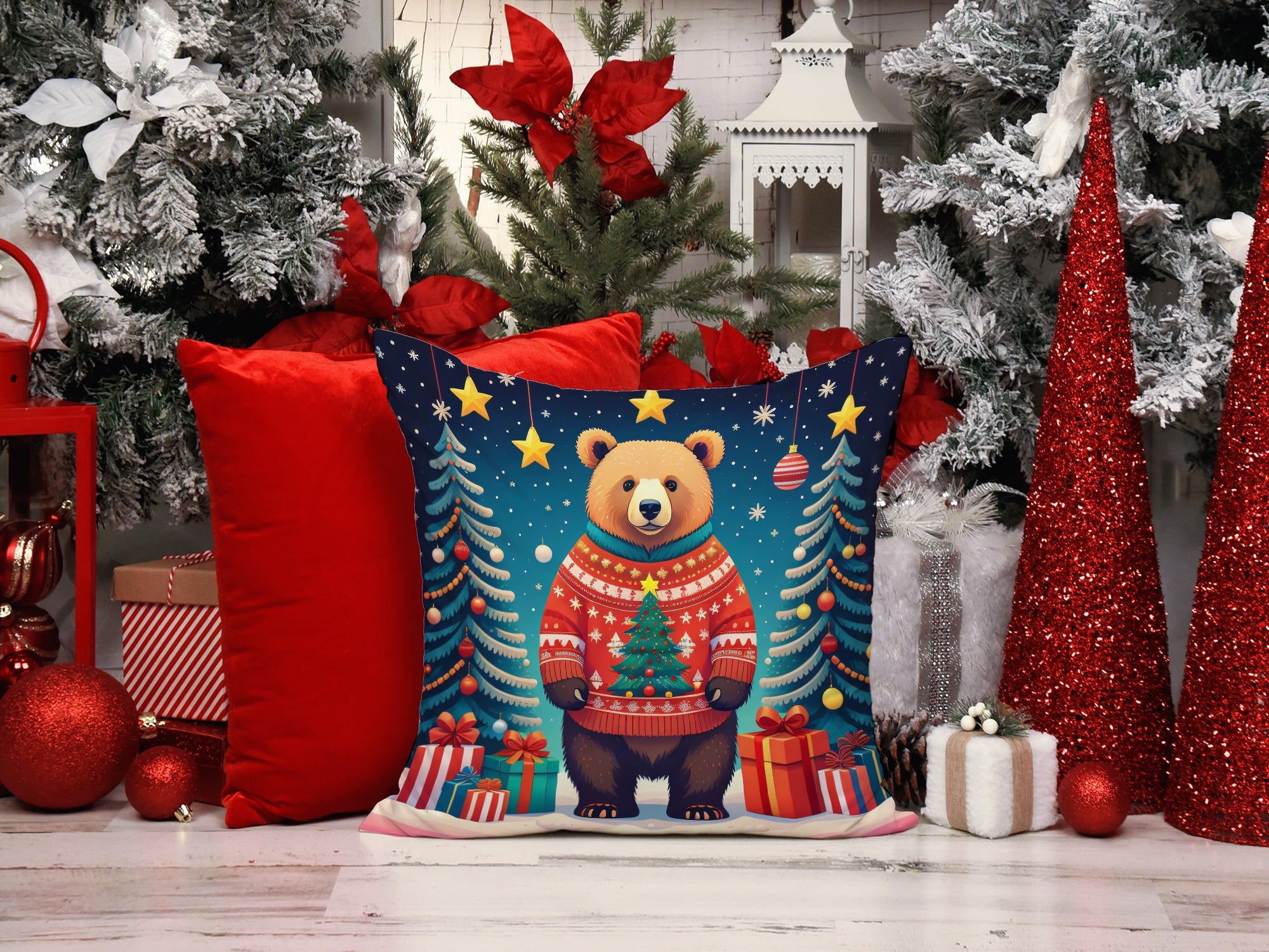 Bear Christmas Decorative Throw Pillow 14x14 Indoor Outdoor Accent Cushion, Fabric Cover with Insert for Sofa, Bed, Porch & Living Room