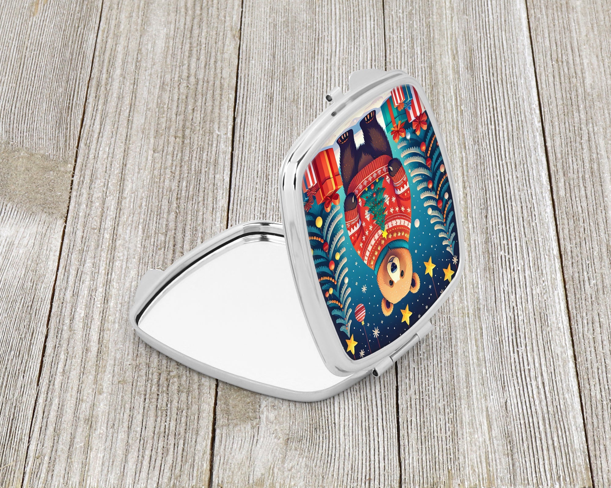 Bear Christmas Compact Mirror Decorative Travel Makeup Mirror for Women Girls Gifts Pocket Makeup Mirror Folding Handheld