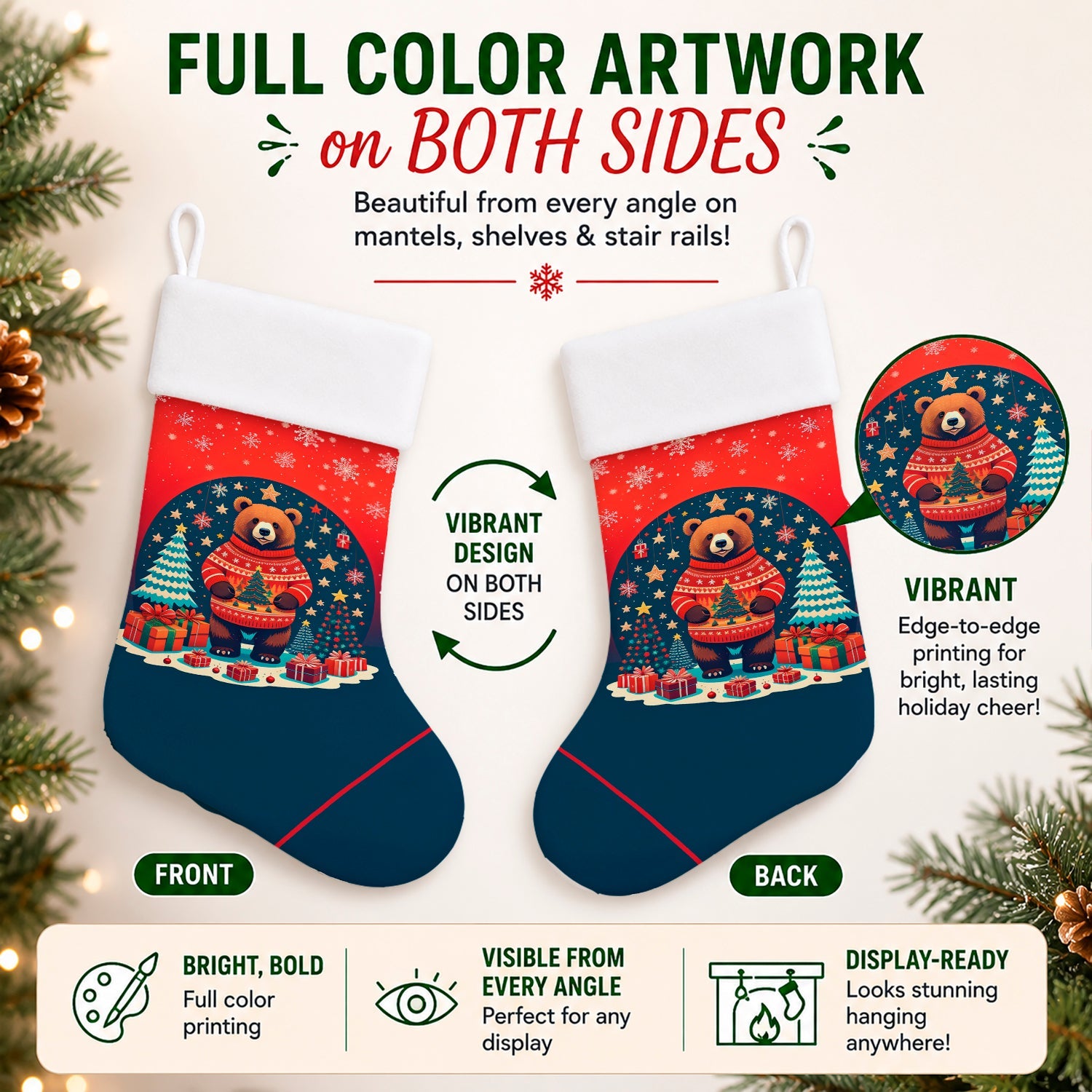 Bear Christmas Holiday Stocking Double-Sided Print, Polyester Suede,11x18, Made in USA