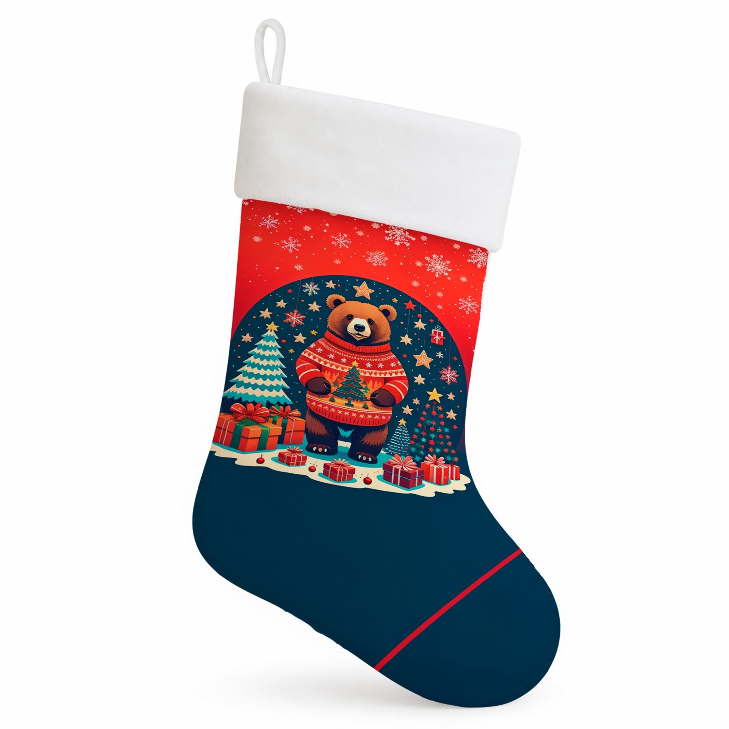 Bear Christmas Holiday Stocking Double-Sided Print, Polyester Suede,11x18, Made in USA