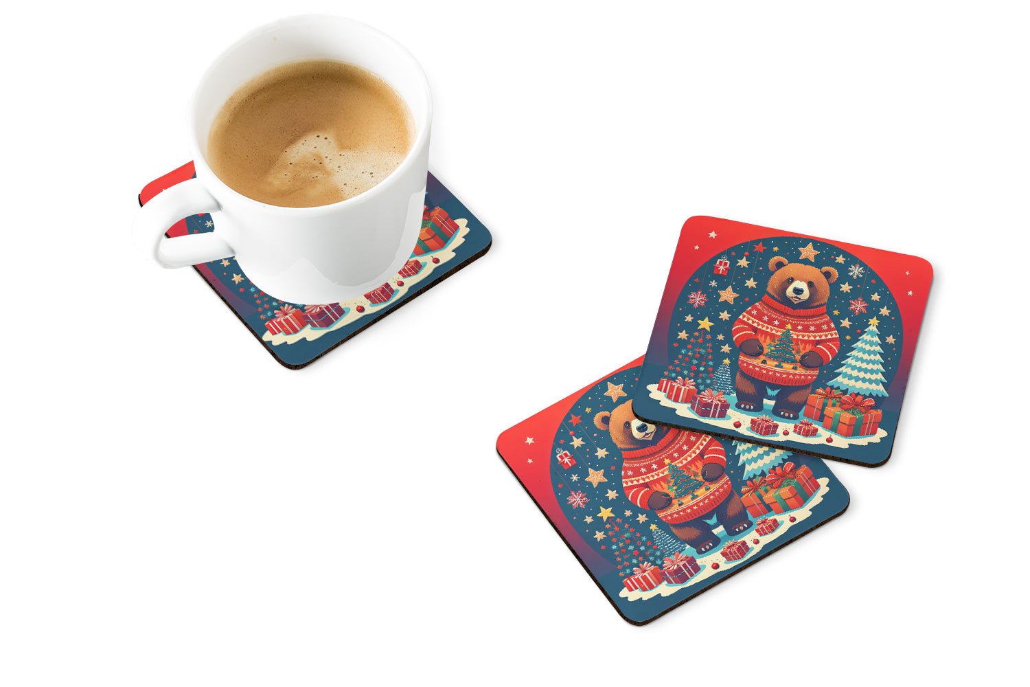 Bear Christmas Foam Coasters Set of 4 Cup Coasters for Indoor Outdoor, Tabletop Protection, Anti Slip, Mouse pad Material