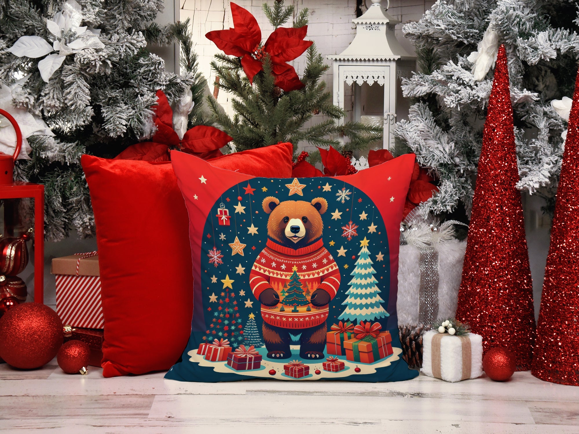 Bear Christmas Decorative Throw Pillow 14x14 Indoor Outdoor Accent Cushion, Fabric Cover with Insert for Sofa, Bed, Porch & Living Room
