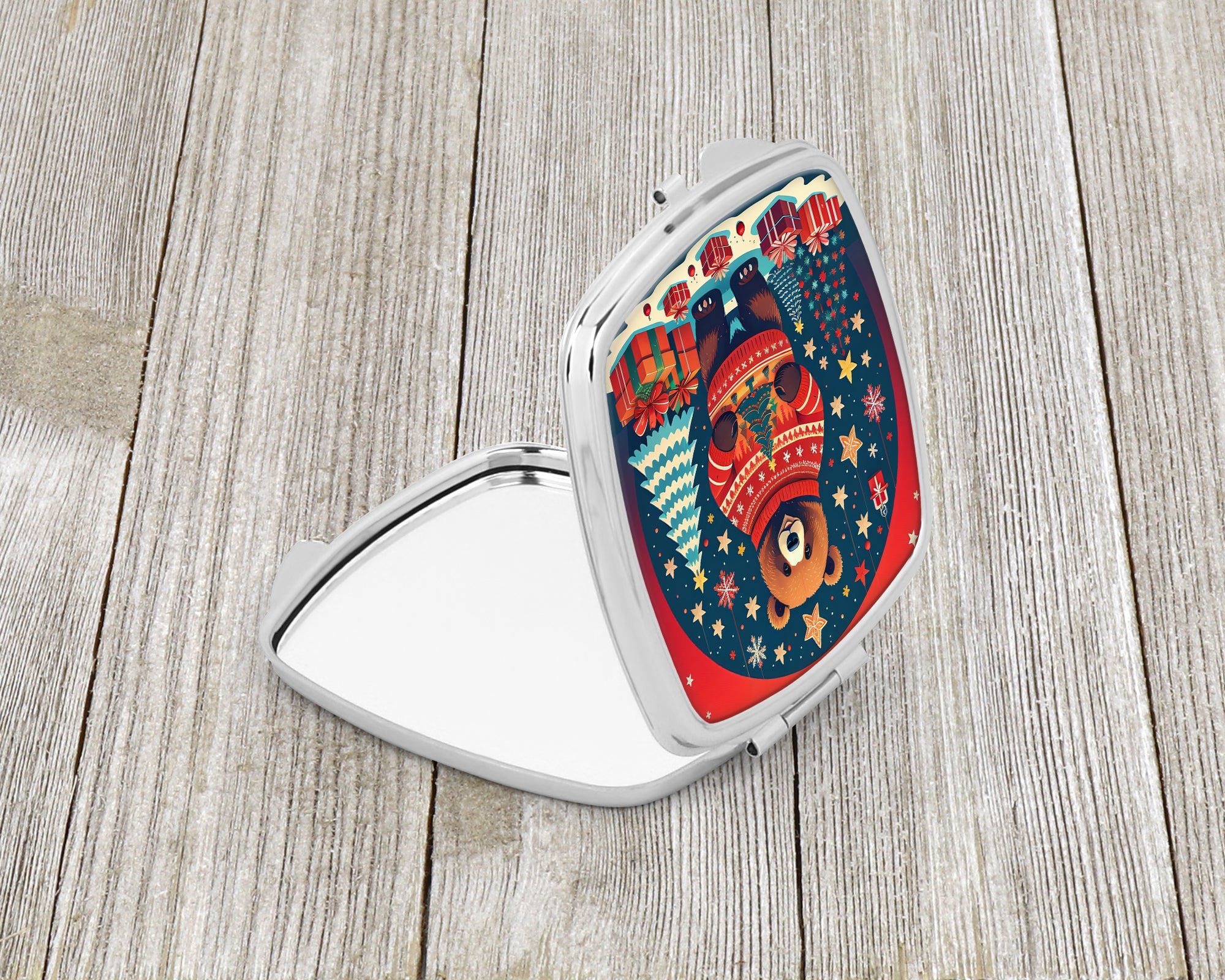 Bear Christmas Compact Mirror Decorative Travel Makeup Mirror for Women Girls Gifts Pocket Makeup Mirror Folding Handheld