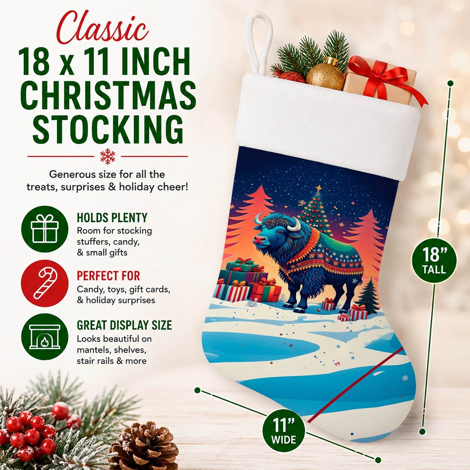 Buffalo Christmas Holiday Stocking Double-Sided Print, Polyester Suede,11x18, Made in USA