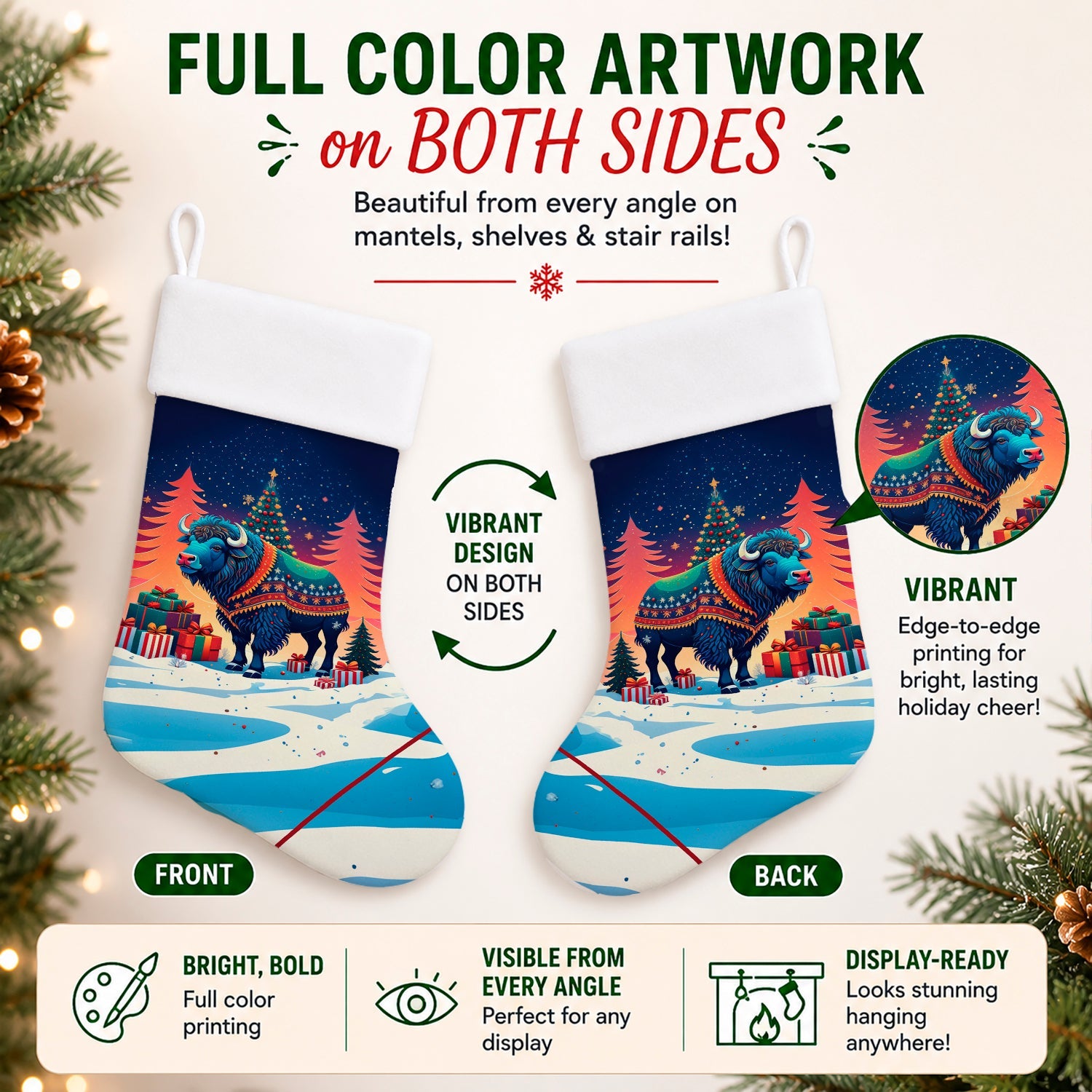 Buffalo Christmas Holiday Stocking Double-Sided Print, Polyester Suede,11x18, Made in USA