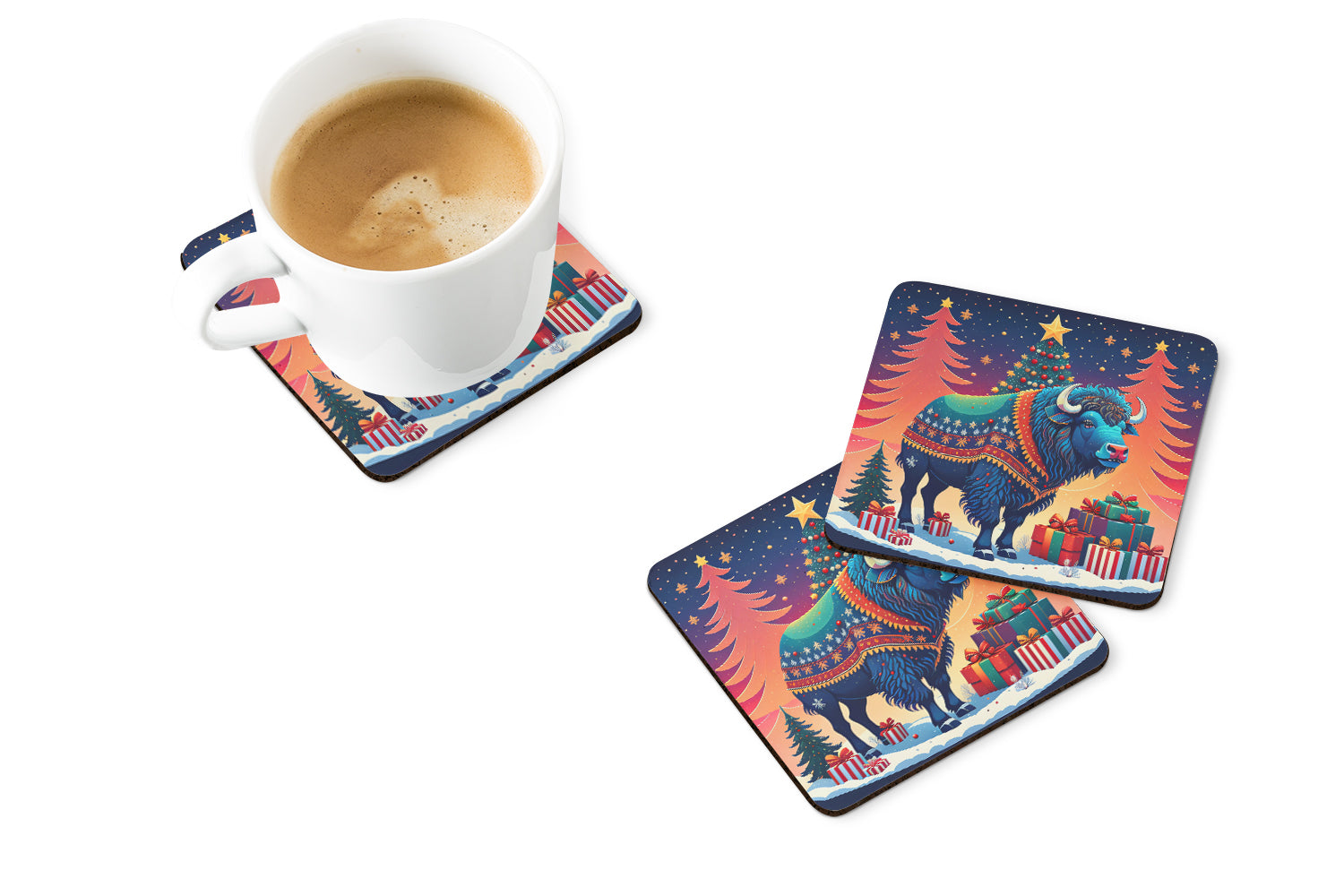 Buffalo Christmas Foam Coasters Set of 4 Cup Coasters for Indoor Outdoor, Tabletop Protection, Anti Slip, Mouse pad Material