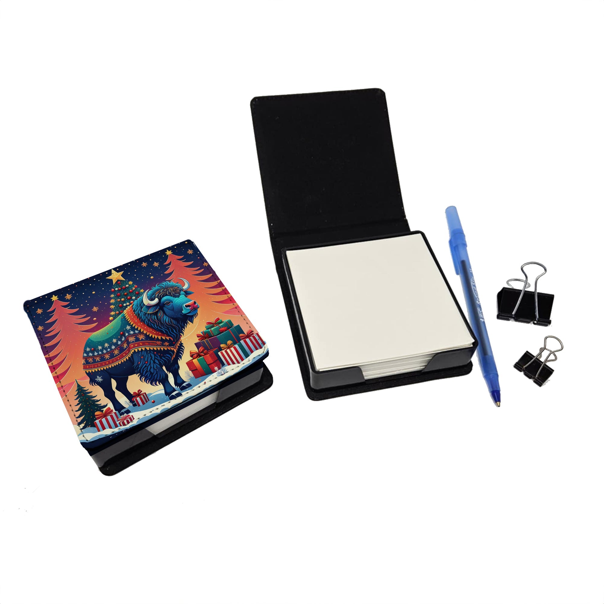 Buffalo Christmas PU Leather Note Paper Holder with Artist-Designed Cover, Desk Accessory, Office Gift