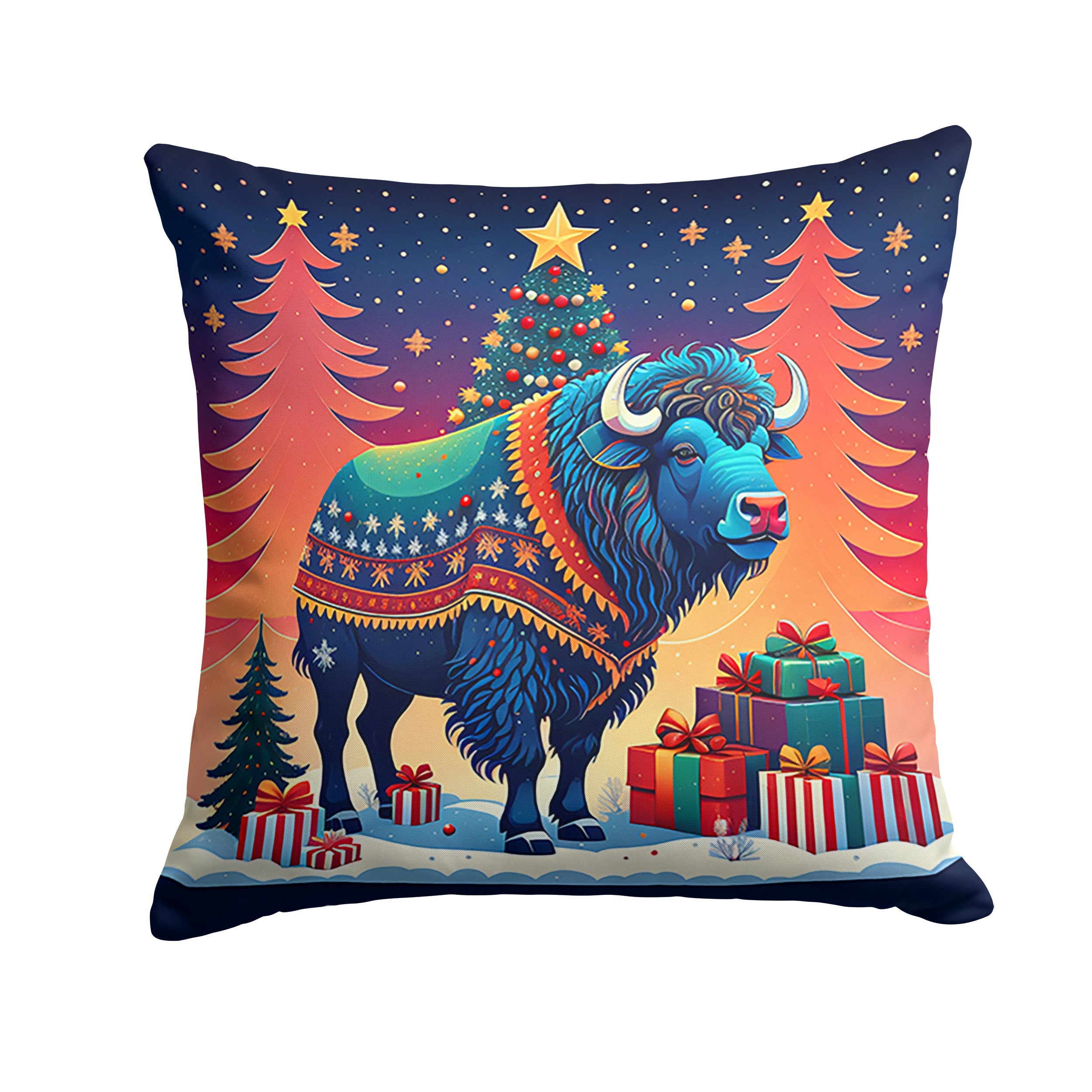 Buffalo Christmas Decorative Throw Pillow 14x14 Indoor Outdoor Accent Cushion, Fabric Cover with Insert for Sofa, Bed, Porch & Living Room