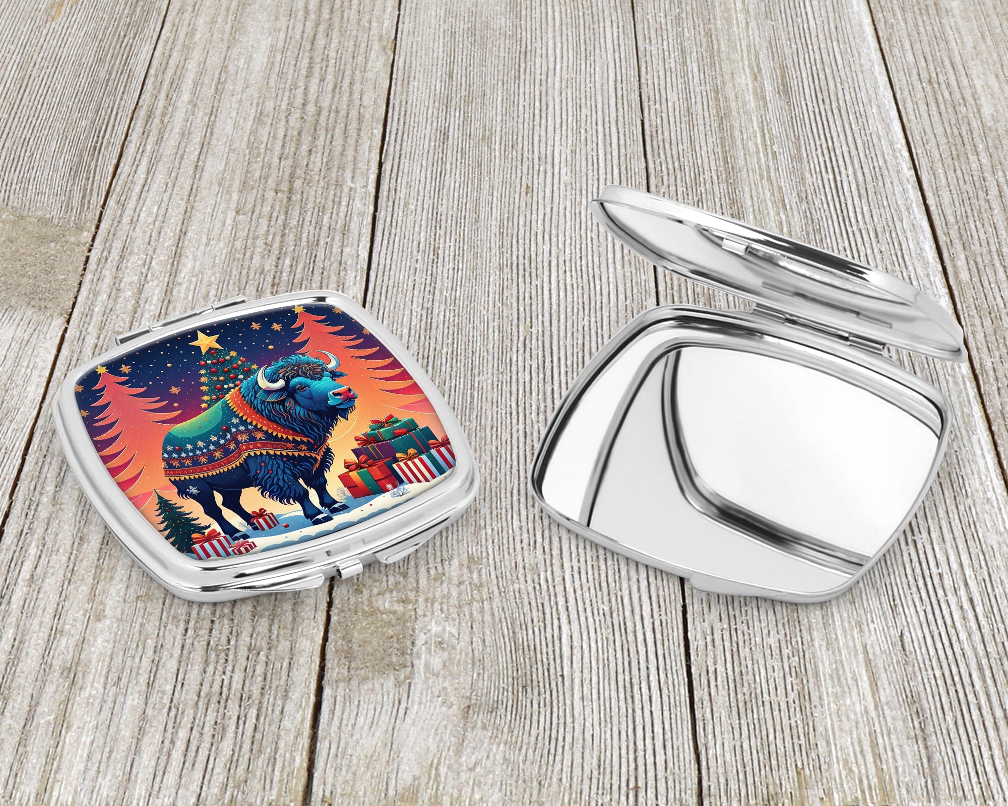 Buffalo Christmas Compact Mirror Decorative Travel Makeup Mirror for Women Girls Gifts Pocket Makeup Mirror Folding Handheld