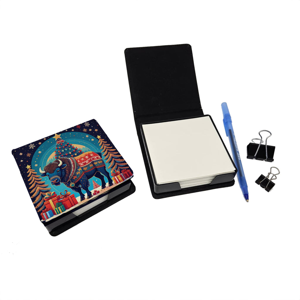 Buffalo Christmas PU Leather Note Paper Holder with Artist-Designed Cover, Desk Accessory, Office Gift