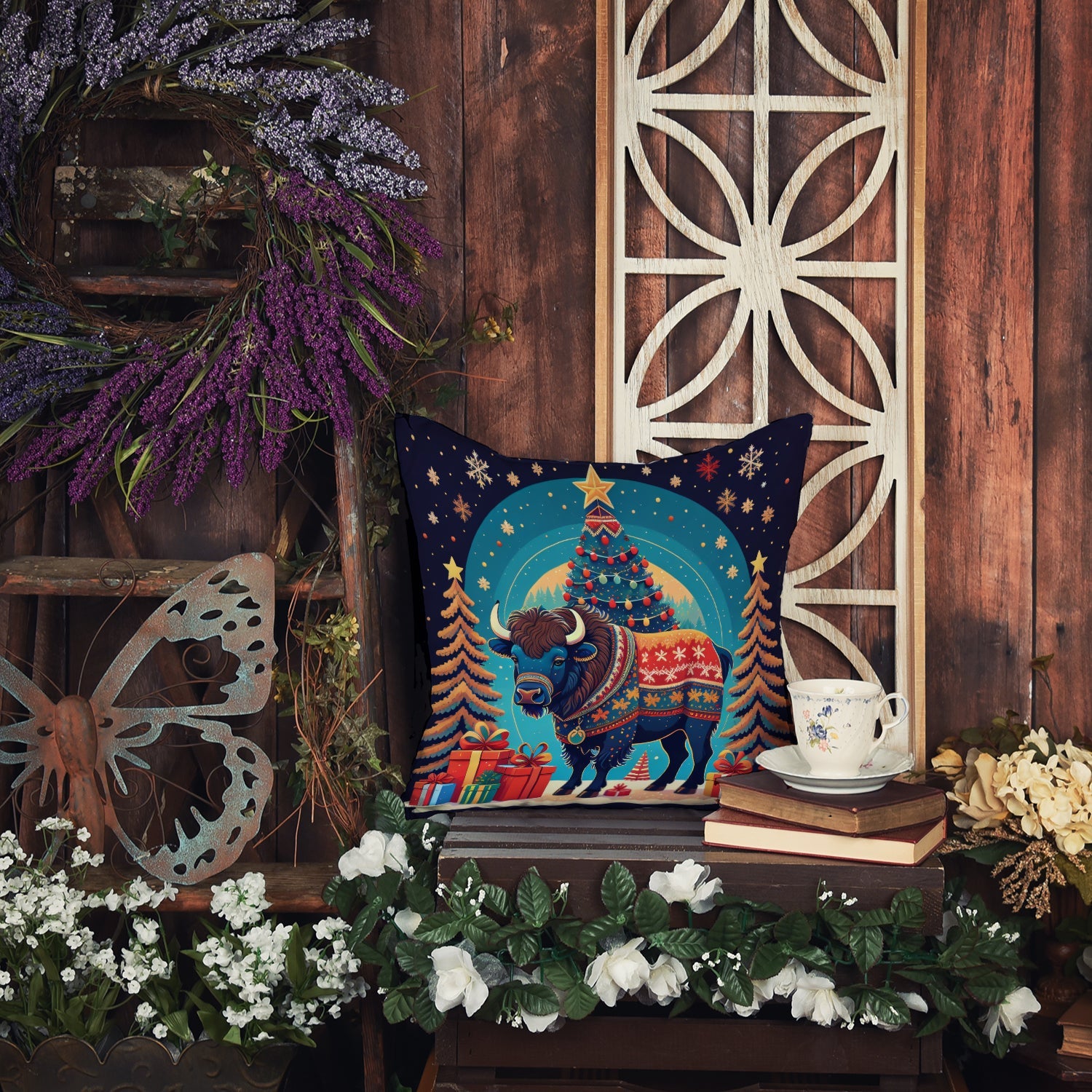 Buffalo Christmas Decorative Throw Pillow 18x18 Indoor Outdoor Accent Cushion, Fabric Cover with Insert for Sofa, Bed, Porch & Living Room