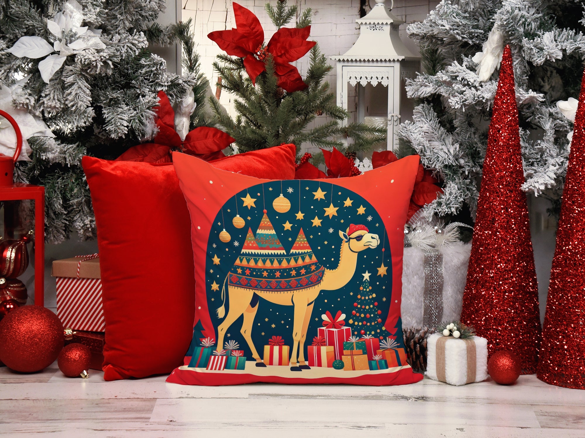 Camel Christmas Decorative Throw Pillow 14x14 Indoor Outdoor Accent Cushion, Fabric Cover with Insert for Sofa, Bed, Porch & Living Room