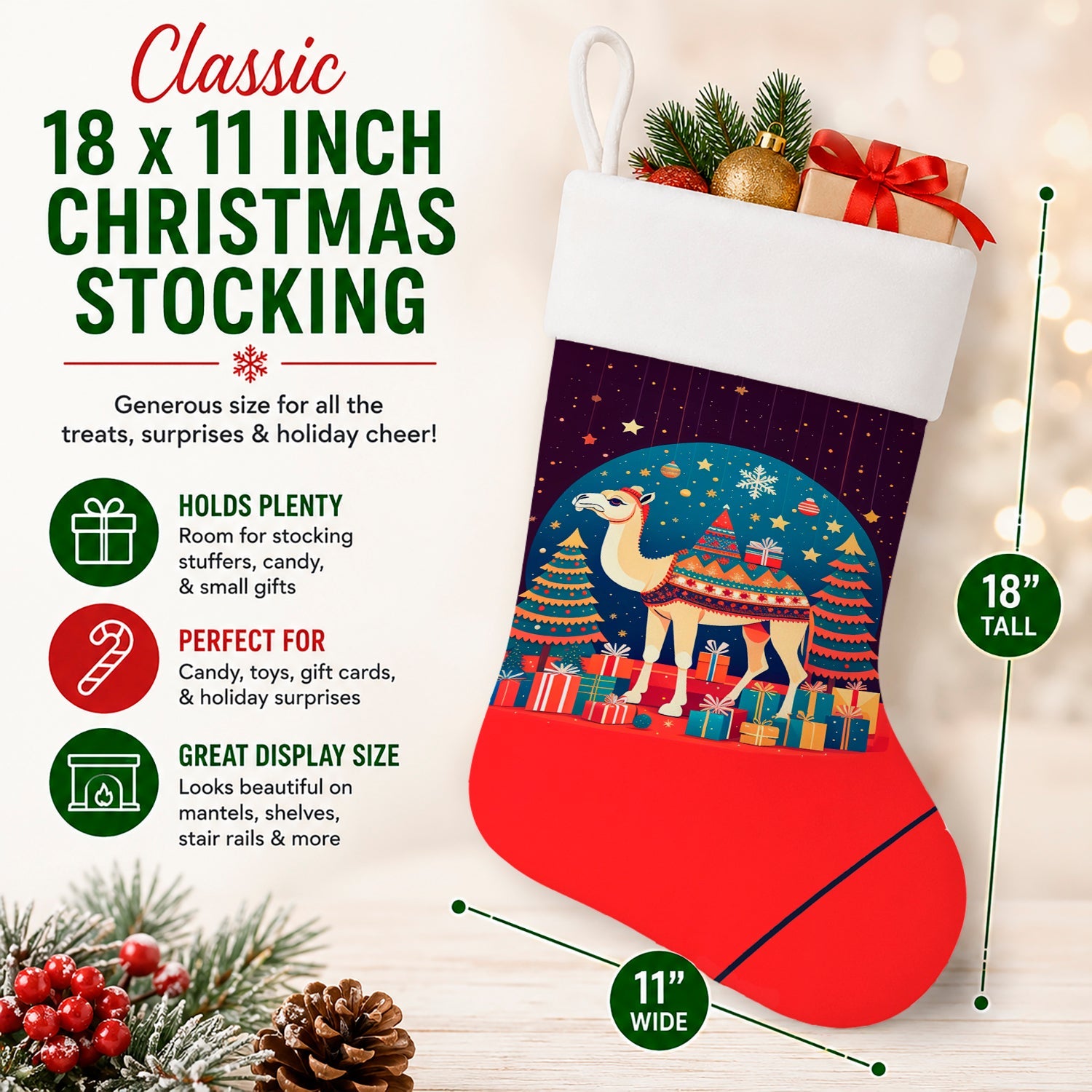 Camel Christmas Holiday Stocking Double-Sided Print, Polyester Suede,11x18, Made in USA
