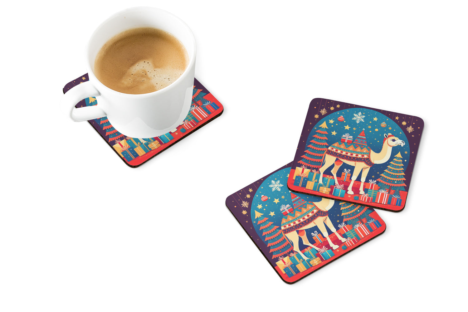 Camel Christmas Foam Coasters Set of 4 Cup Coasters for Indoor Outdoor, Tabletop Protection, Anti Slip, Mouse pad Material