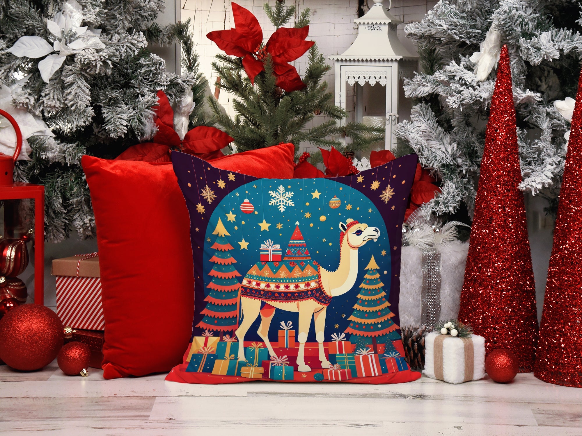 Camel Christmas Decorative Throw Pillow 18x18 Indoor Outdoor Accent Cushion, Fabric Cover with Insert for Sofa, Bed, Porch & Living Room