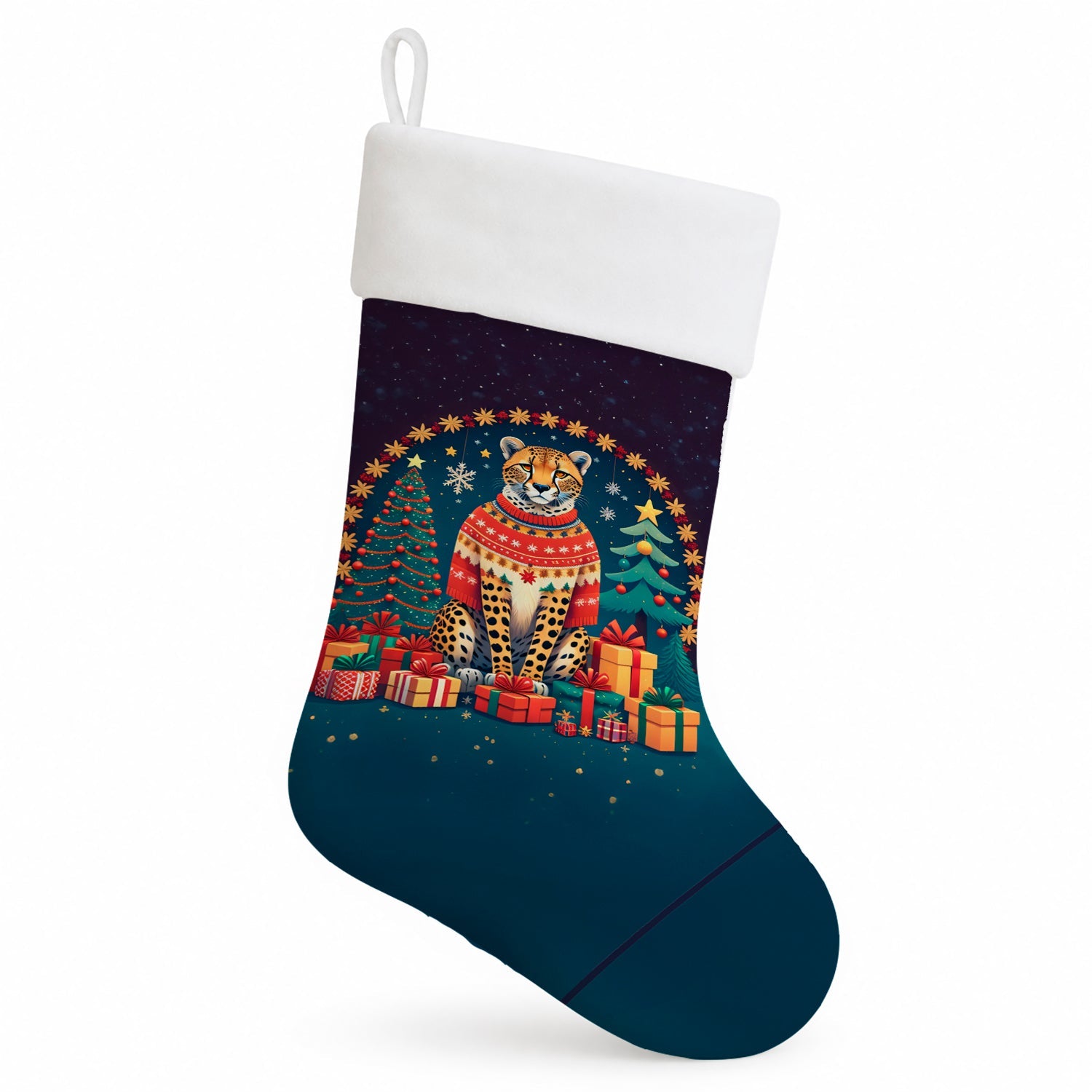 Cheetah Christmas Holiday Stocking Double-Sided Print, Polyester Suede,11x18, Made in USA