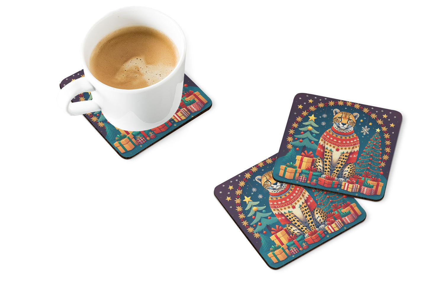 Cheetah Christmas Foam Coasters Set of 4 Cup Coasters for Indoor Outdoor, Tabletop Protection, Anti Slip, Mouse pad Material