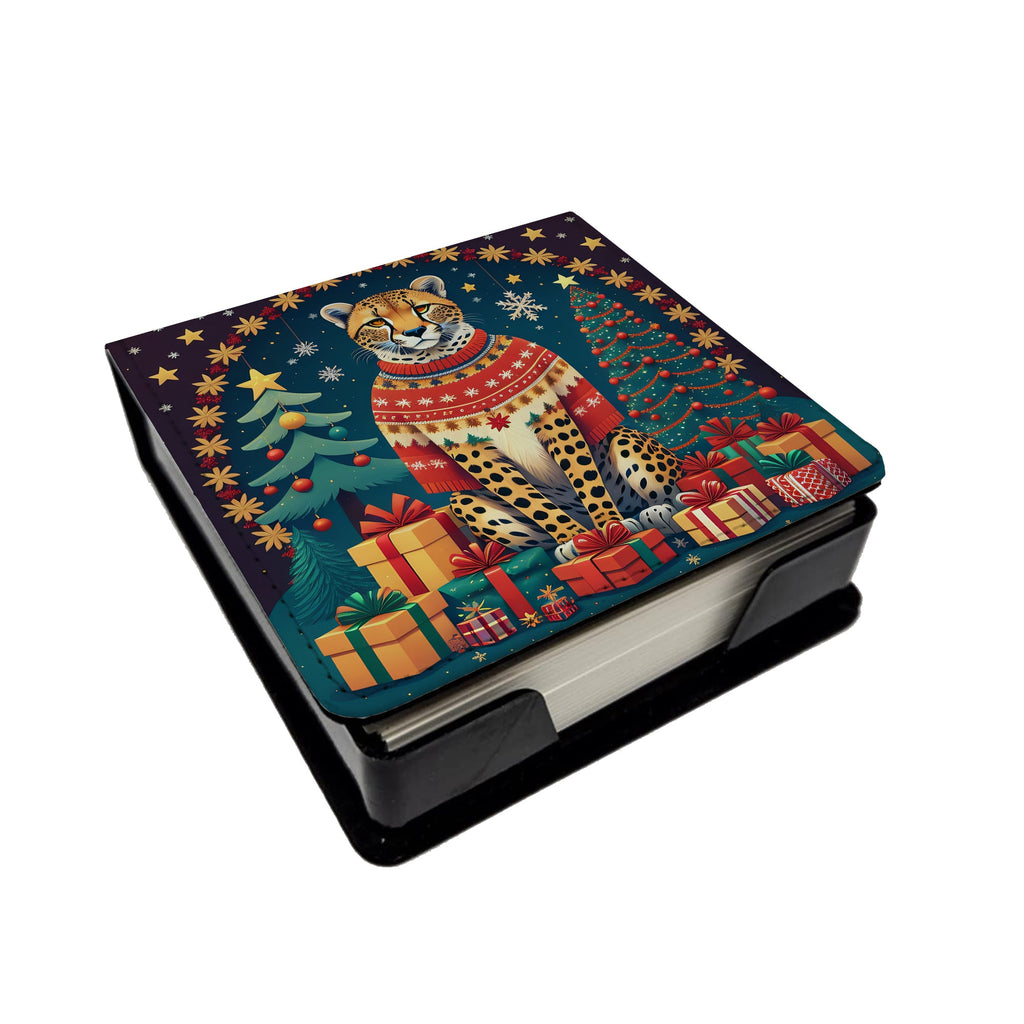 Cheetah Christmas PU Leather Note Paper Holder with Artist-Designed Cover, Desk Accessory, Office Gift