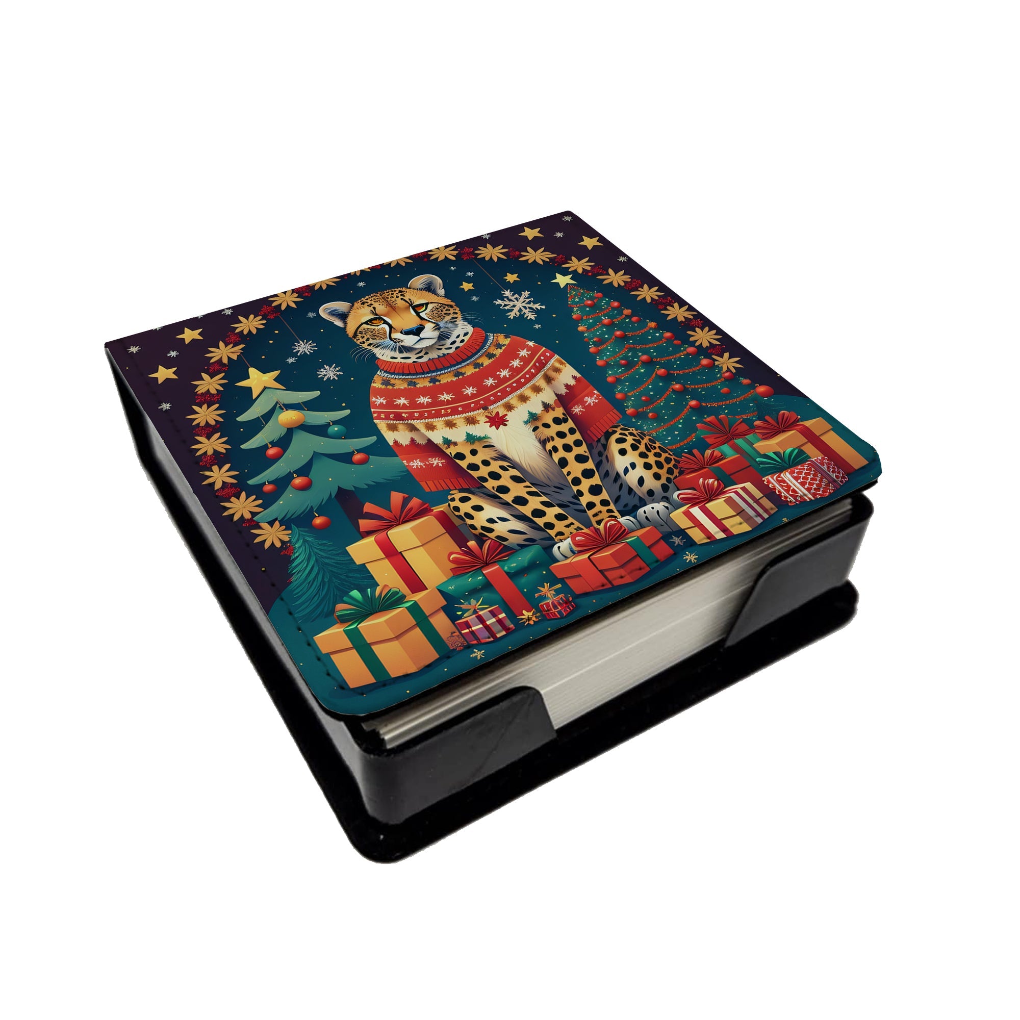 Cheetah Christmas PU Leather Note Paper Holder with Artist-Designed Cover, Desk Accessory, Office Gift