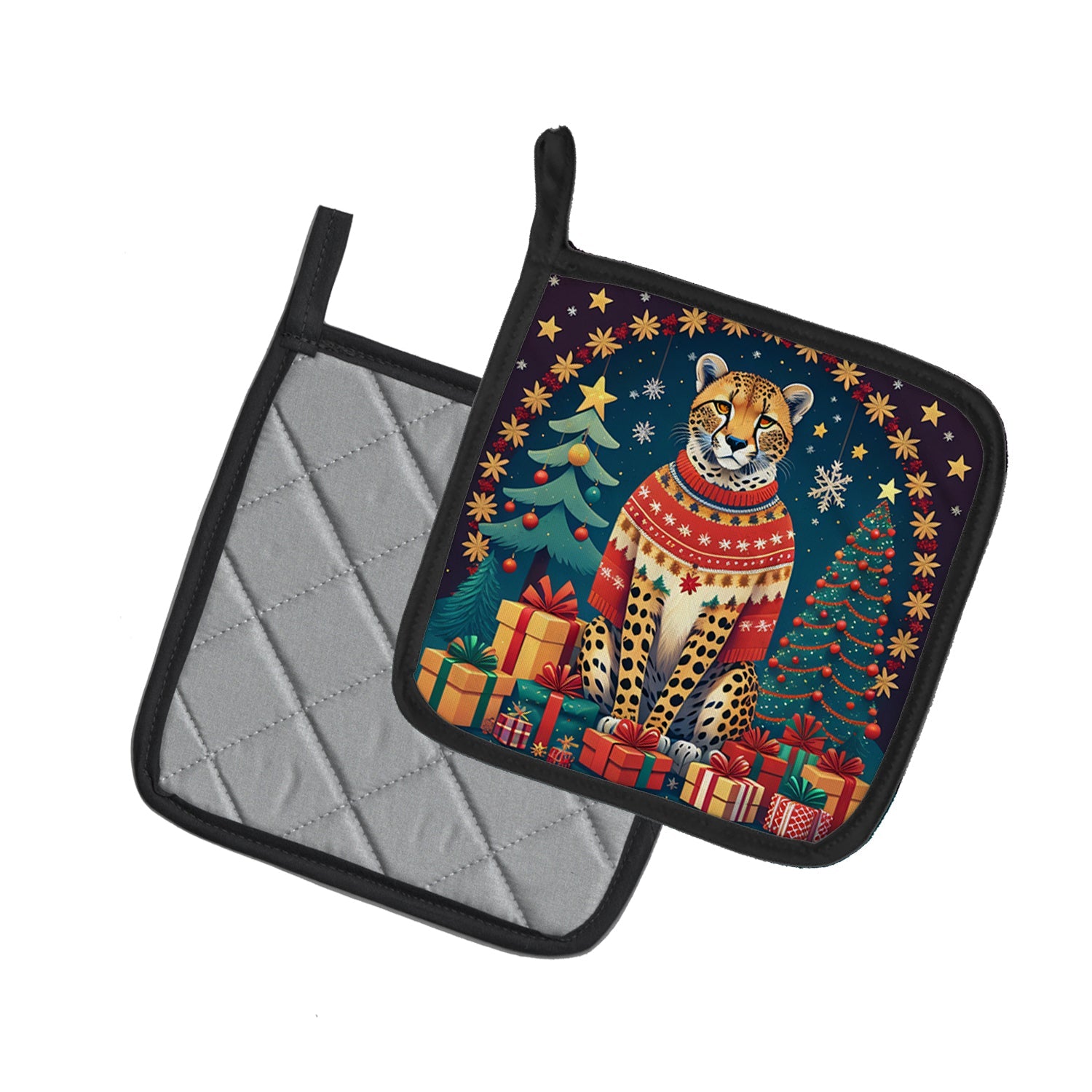 Cheetah Christmas Pot Holder Set of 2 Heat Resistant Quilted Hot Pads 7.5 x 7.5 Inch, Insulated Kitchen Trivets for Cooking & Baking