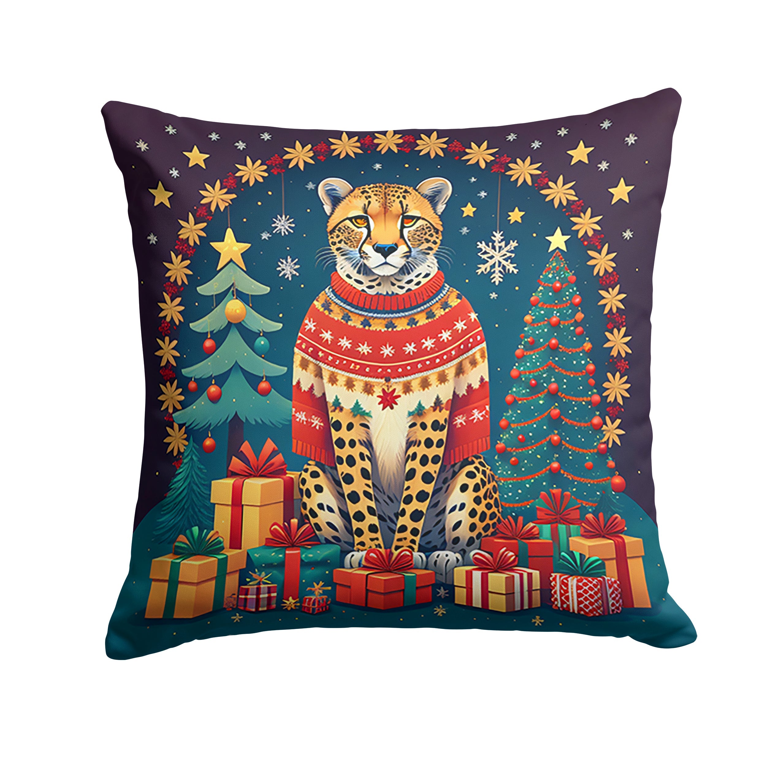 Cheetah Christmas Decorative Throw Pillow 14x14 Indoor Outdoor Accent Cushion, Fabric Cover with Insert for Sofa, Bed, Porch & Living Room