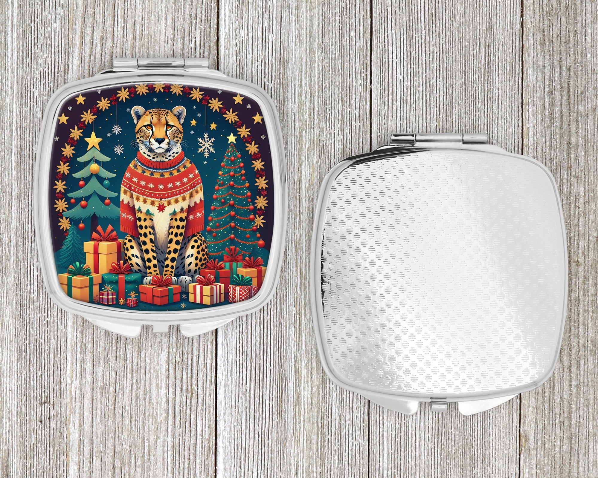 Cheetah Christmas Compact Mirror Decorative Travel Makeup Mirror for Women Girls Gifts Pocket Makeup Mirror Folding Handheld