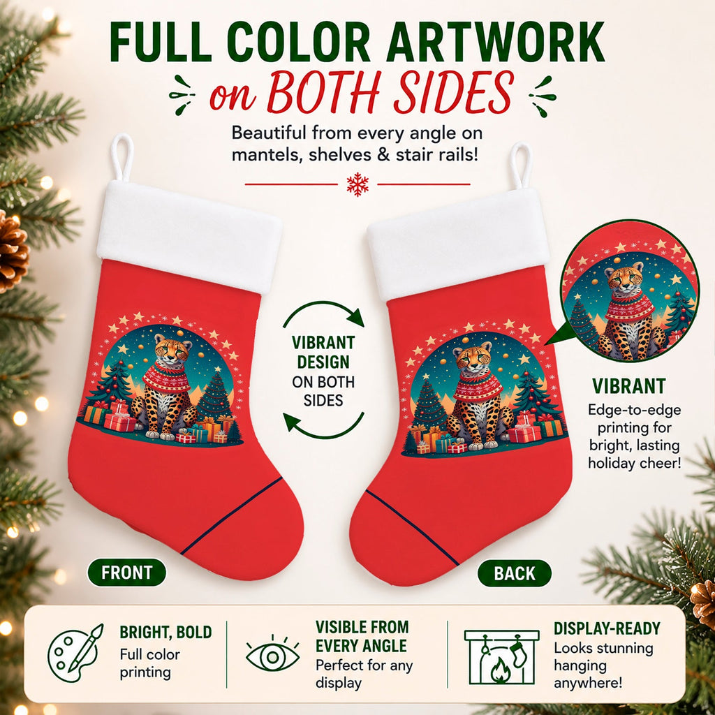Cheetah Christmas Holiday Stocking Double-Sided Print, Polyester Suede,11x18, Made in USA
