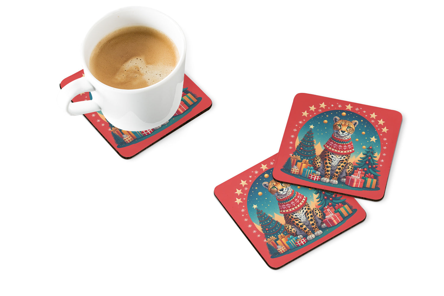 Cheetah Christmas Foam Coasters Set of 4 Cup Coasters for Indoor Outdoor, Tabletop Protection, Anti Slip, Mouse pad Material