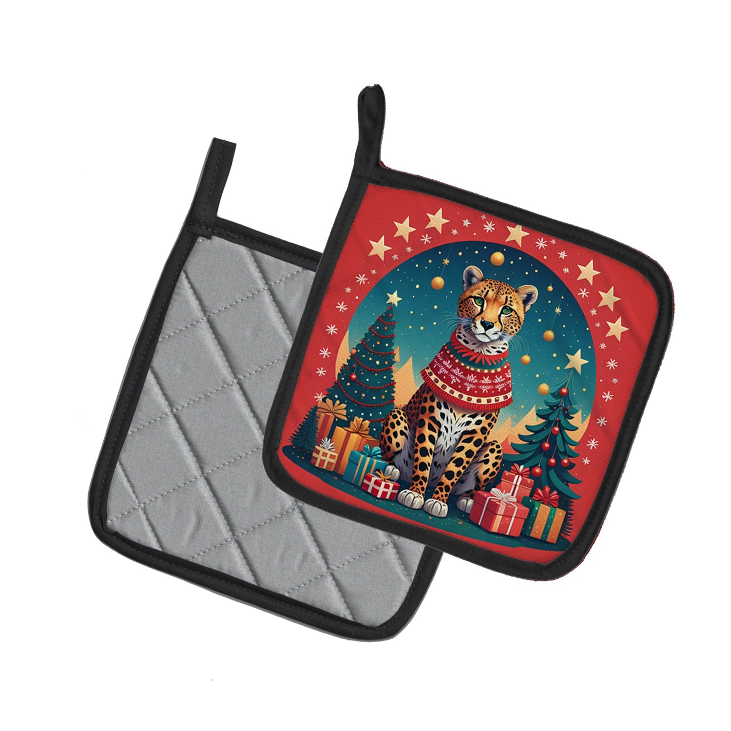 Cheetah Christmas Pot Holder Set of 2 Heat Resistant Quilted Hot Pads 7.5 x 7.5 Inch, Insulated Kitchen Trivets for Cooking & Baking