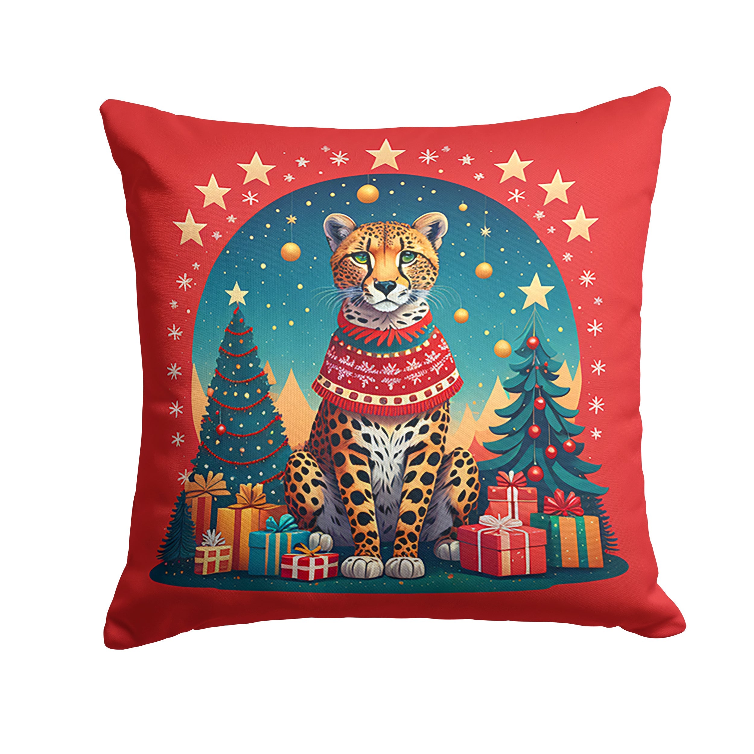 Cheetah Christmas Decorative Throw Pillow 14x14 Indoor Outdoor Accent Cushion, Fabric Cover with Insert for Sofa, Bed, Porch & Living Room