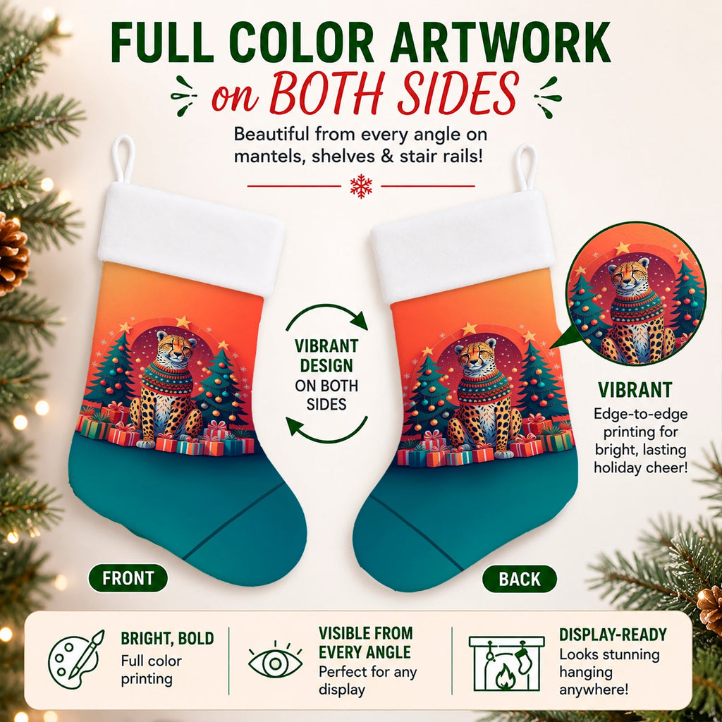 Cheetah Christmas Holiday Stocking Double-Sided Print, Polyester Suede,11x18, Made in USA