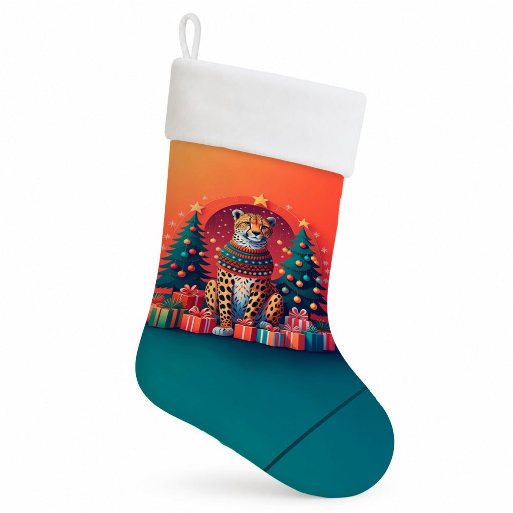 Cheetah Christmas Holiday Stocking Double-Sided Print, Polyester Suede,11x18, Made in USA