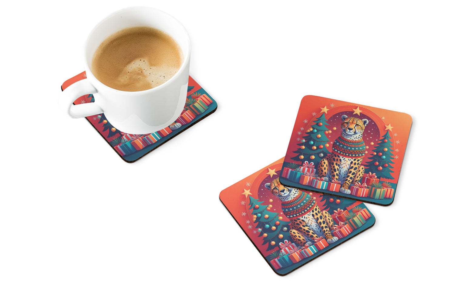 Cheetah Christmas Foam Coasters Set of 4 Cup Coasters for Indoor Outdoor, Tabletop Protection, Anti Slip, Mouse pad Material