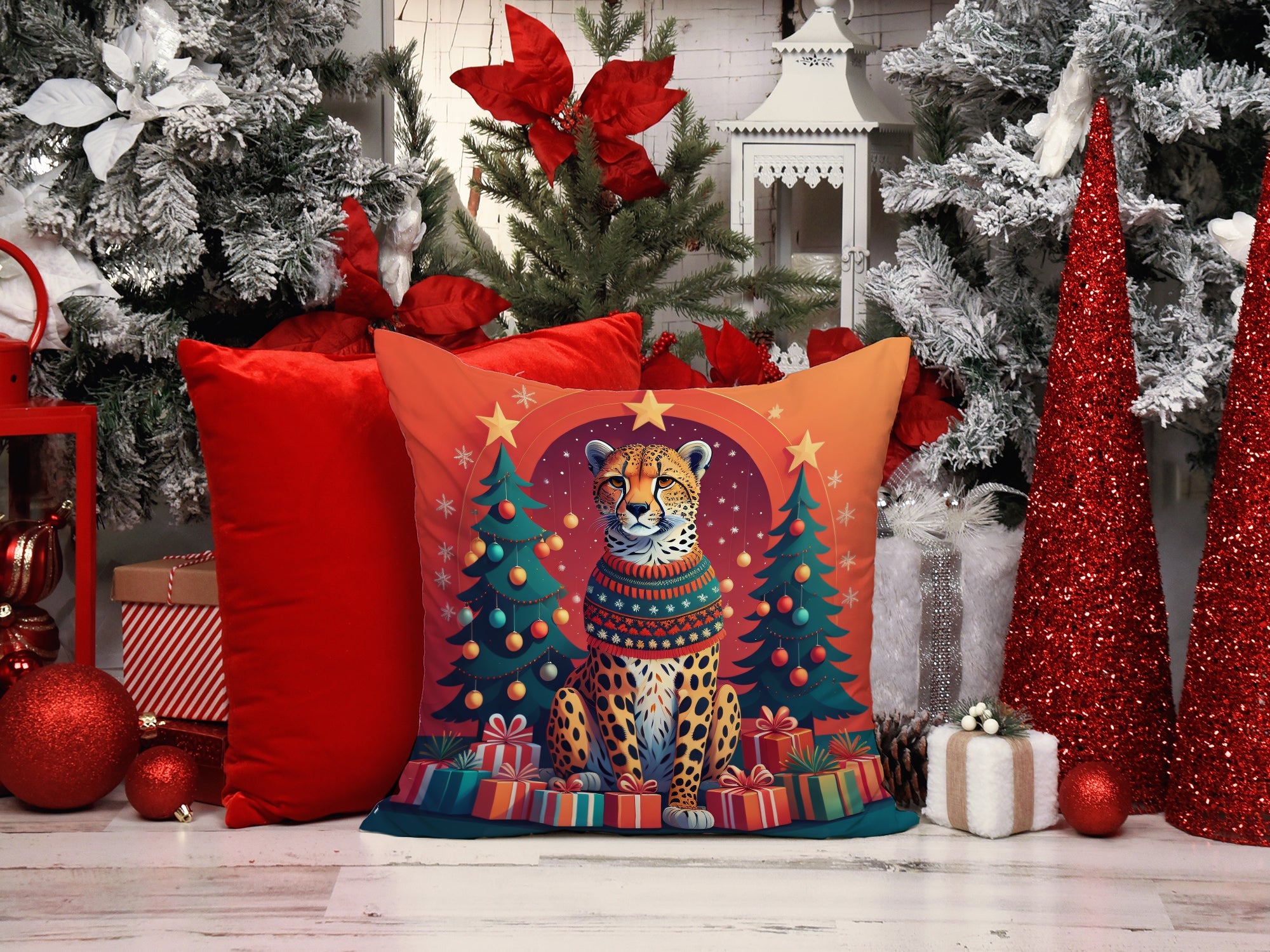 Cheetah Christmas Decorative Throw Pillow 18x18 Indoor Outdoor Accent Cushion, Fabric Cover with Insert for Sofa, Bed, Porch & Living Room