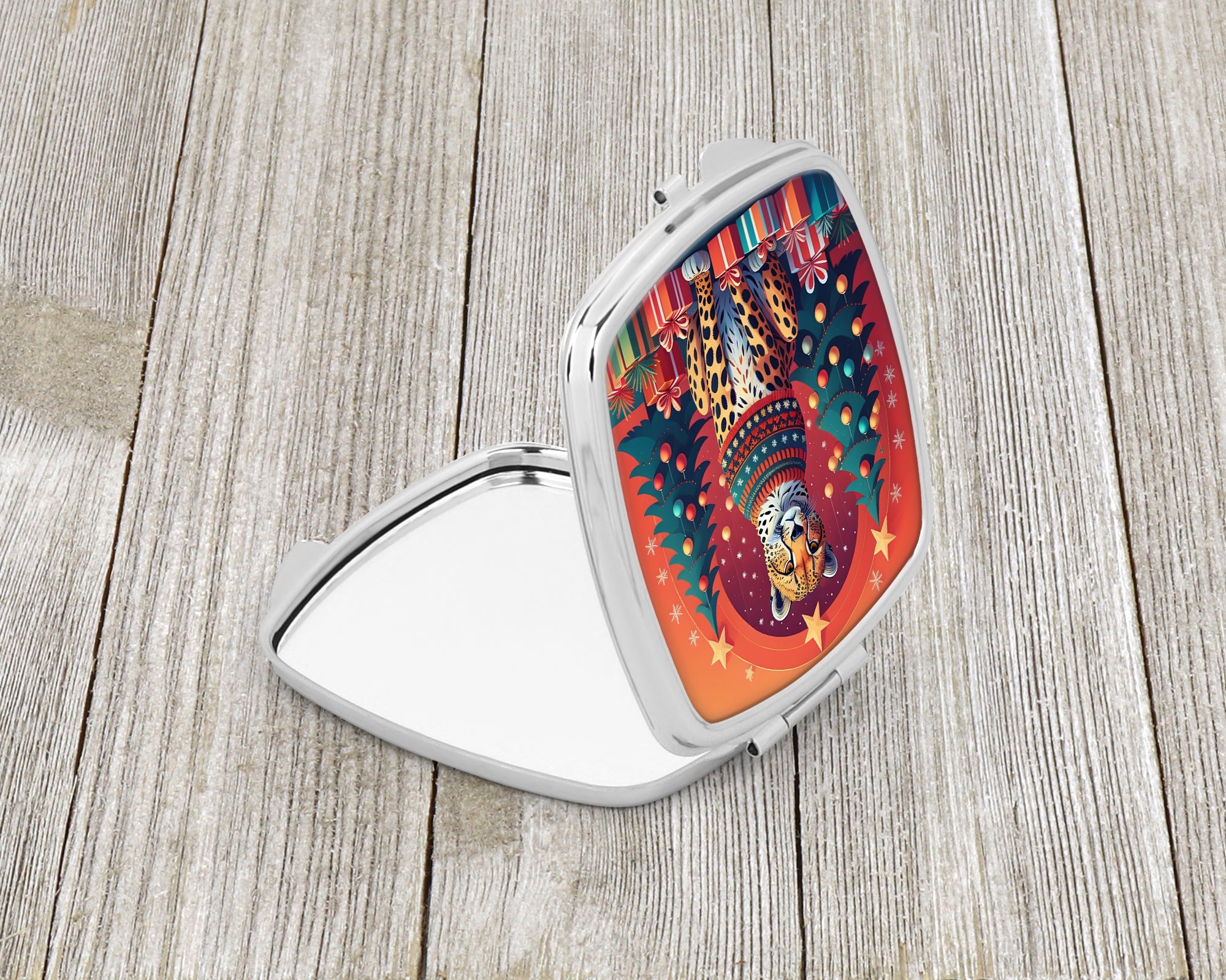 Cheetah Christmas Compact Mirror Decorative Travel Makeup Mirror for Women Girls Gifts Pocket Makeup Mirror Folding Handheld