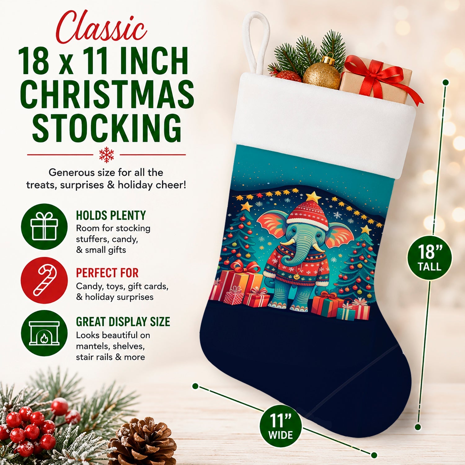 Elephant Christmas Holiday Stocking Double-Sided Print, Polyester Suede,11x18, Made in USA