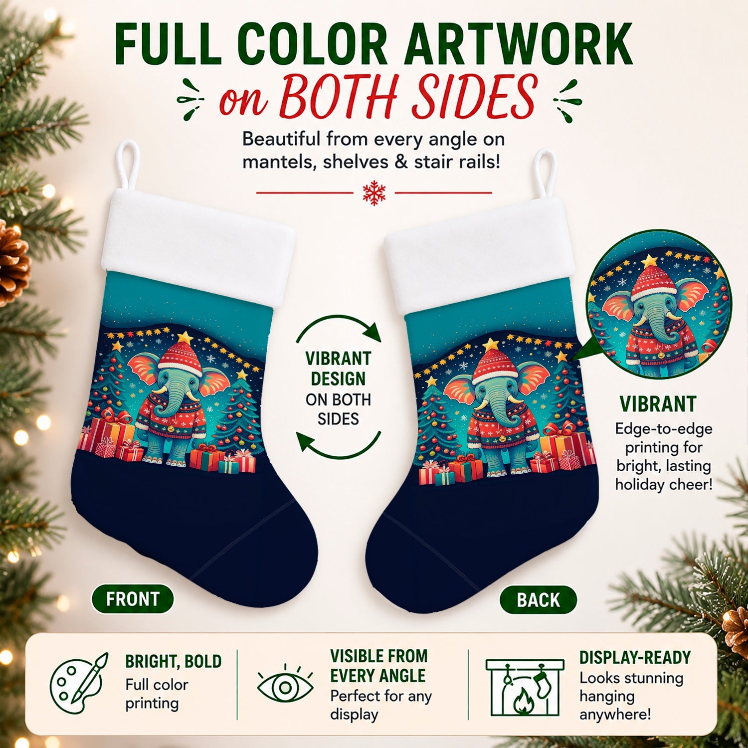 Elephant Christmas Holiday Stocking Double-Sided Print, Polyester Suede,11x18, Made in USA