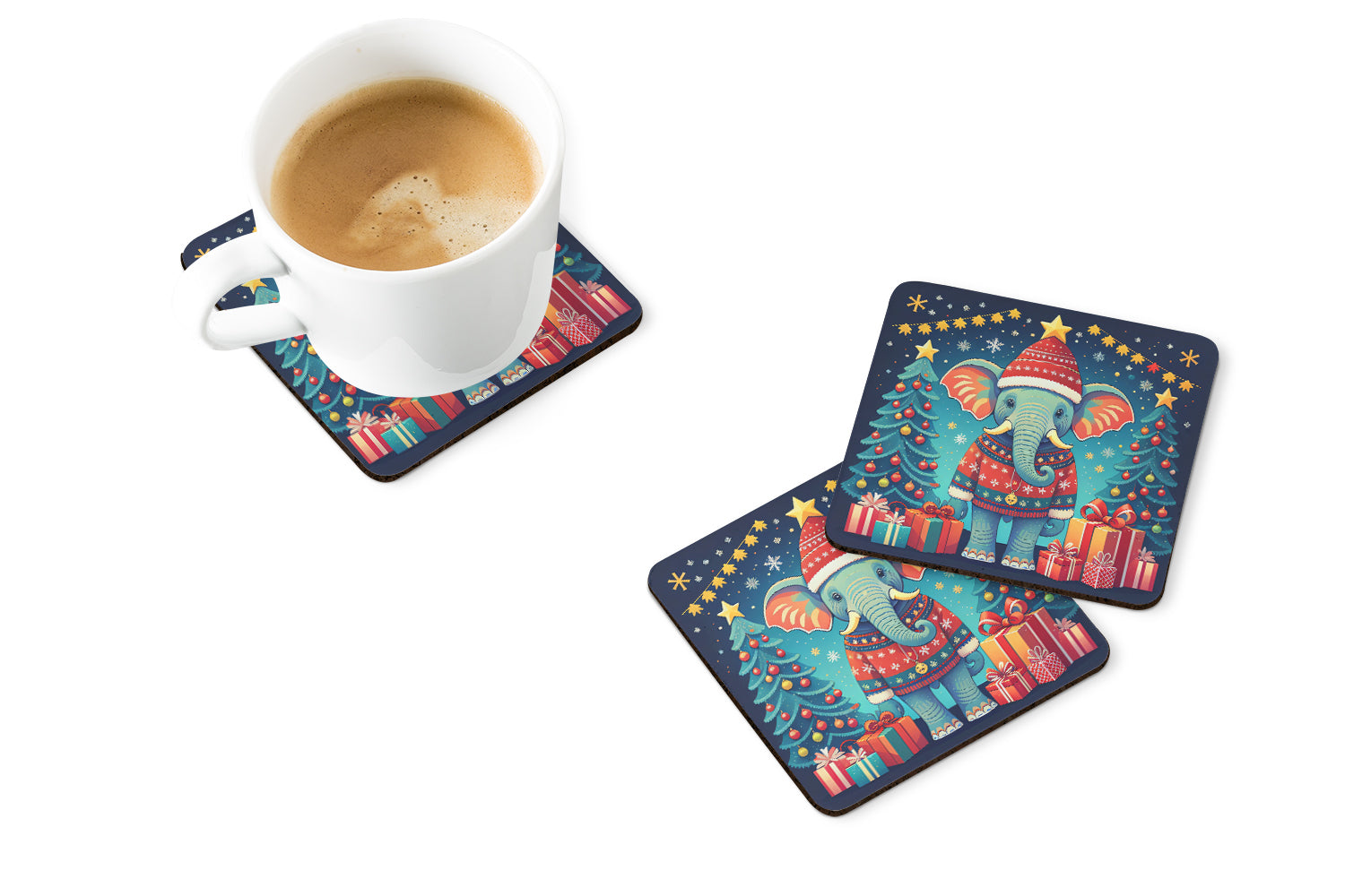 Elephant Christmas Foam Coasters Set of 4 Cup Coasters for Indoor Outdoor, Tabletop Protection, Anti Slip, Mouse pad Material