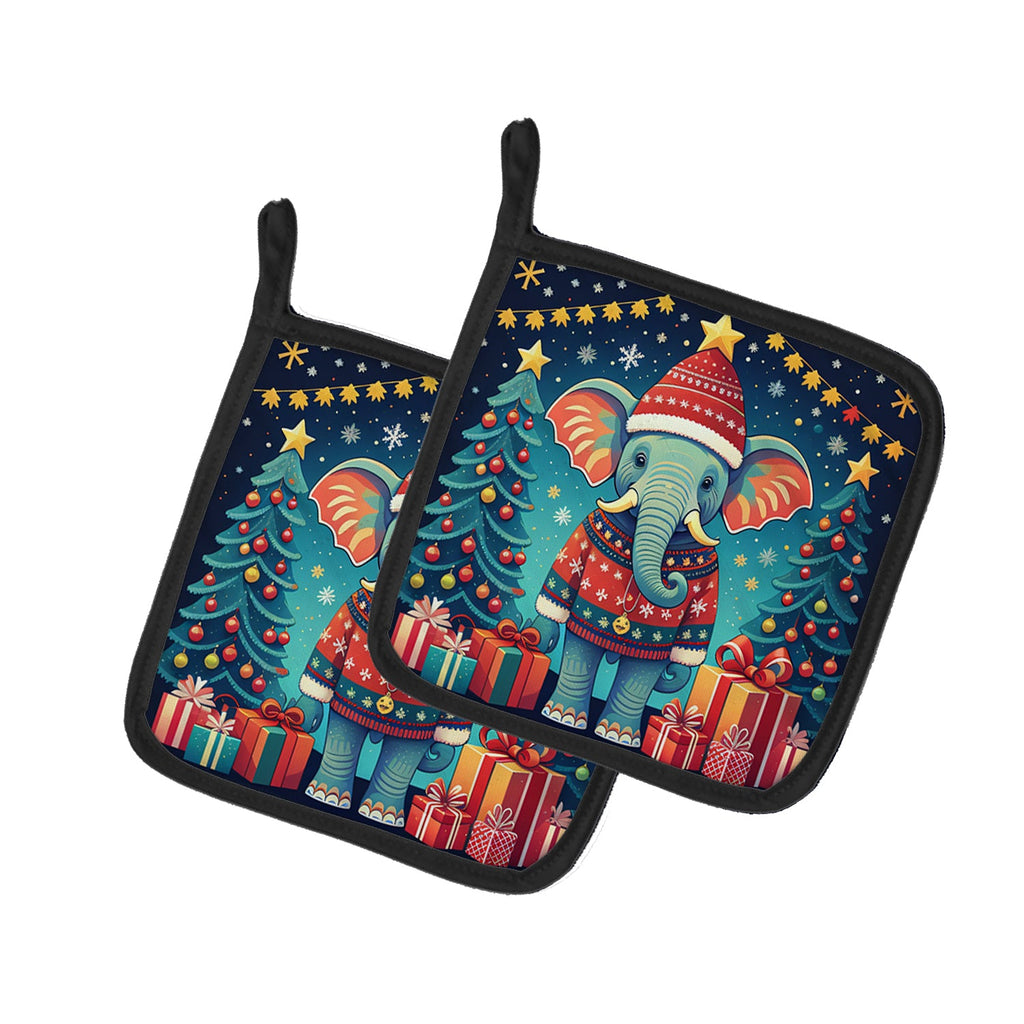 Elephant Christmas Pot Holder Set of 2 Heat Resistant Quilted Hot Pads 7.5 x 7.5 Inch, Insulated Kitchen Trivets for Cooking & Baking